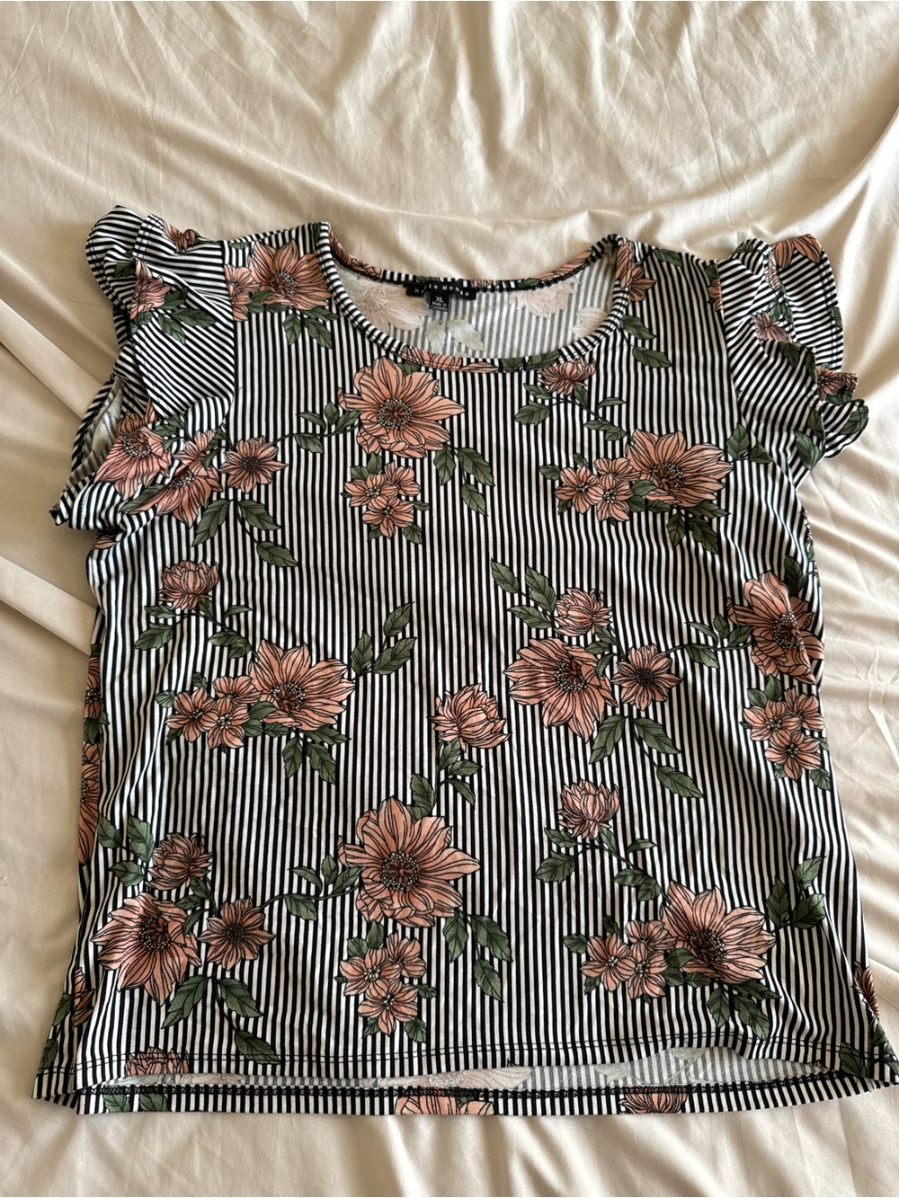 Haute Monde Black & White Striped Tee with Pink Floral Print